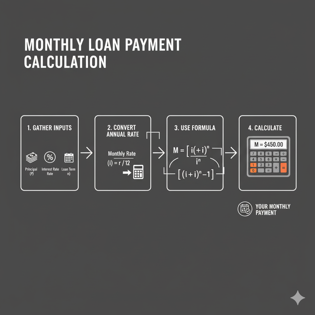 step-by-step visual guide for calculating a monthly loan payment